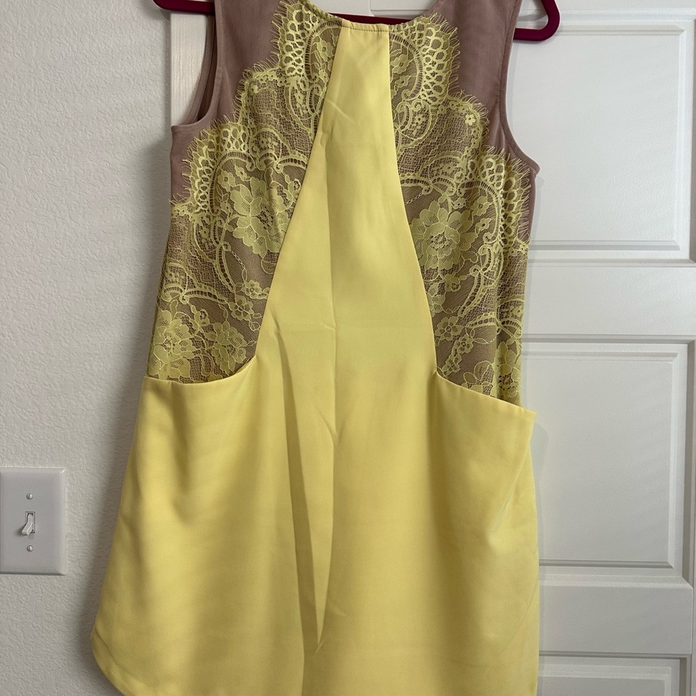 Gianni Bini Yellow and Taupe Sleeveless Dress with Tan Accents